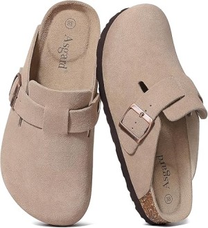 17Nov - Suede Clogs Leather Mules Arch Support Potato Shoes with Comfort Cork Footbed